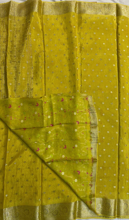 Lime Yellow Crepe Silk Saree with Zari Work & Contrast Blouse |DS19