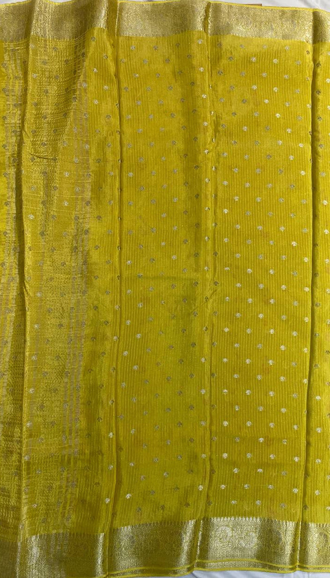Lime Yellow Crepe Silk Saree with Zari Work & Contrast Blouse |DS19