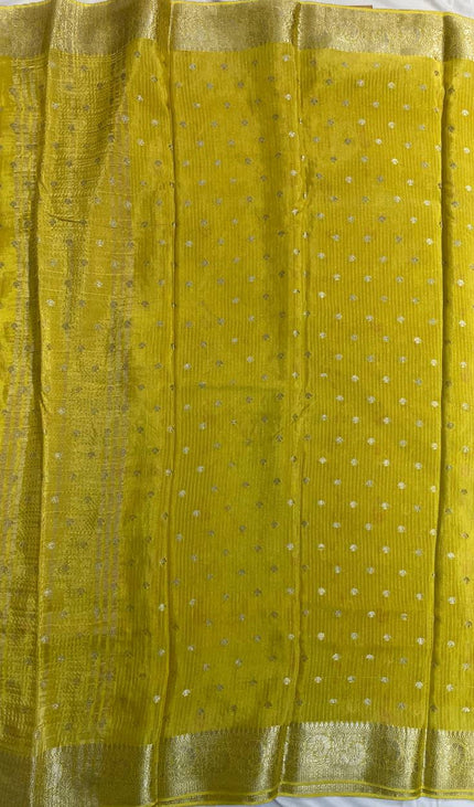 Lime Yellow Crepe Silk Saree with Zari Work & Contrast Blouse |DS19