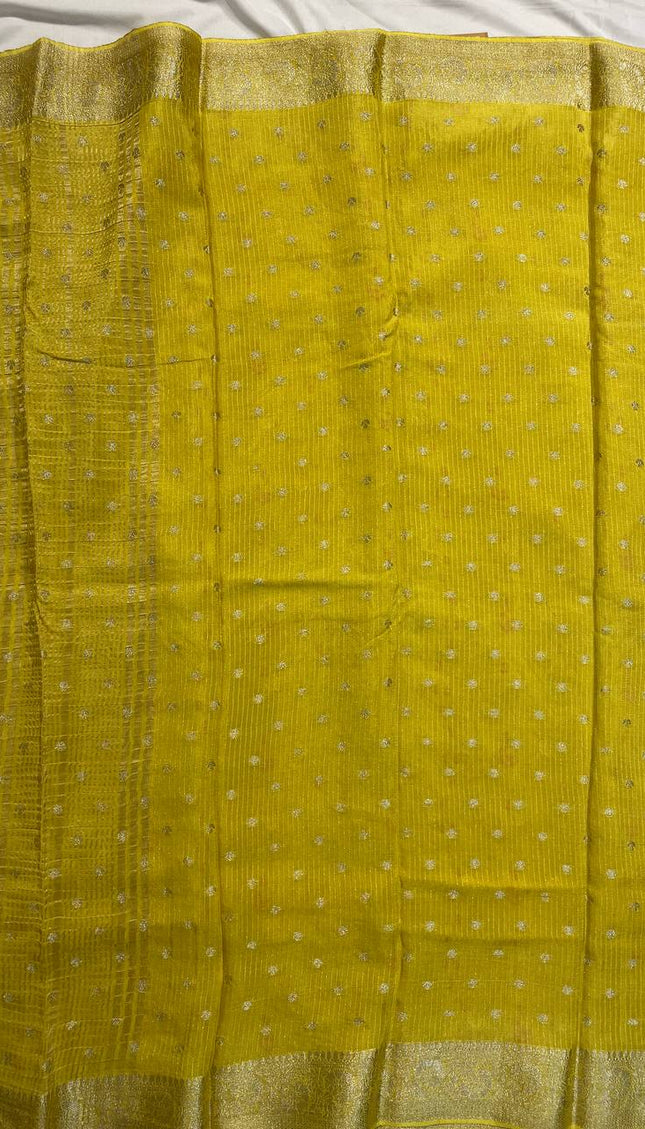 Lime Yellow Crepe Silk Saree with Zari Work & Contrast Blouse |DS19