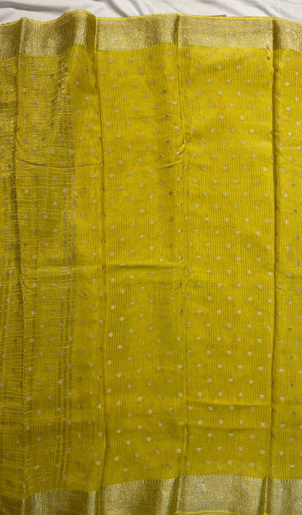 Lime Yellow Crepe Silk Saree with Zari Work & Contrast Blouse |DS19