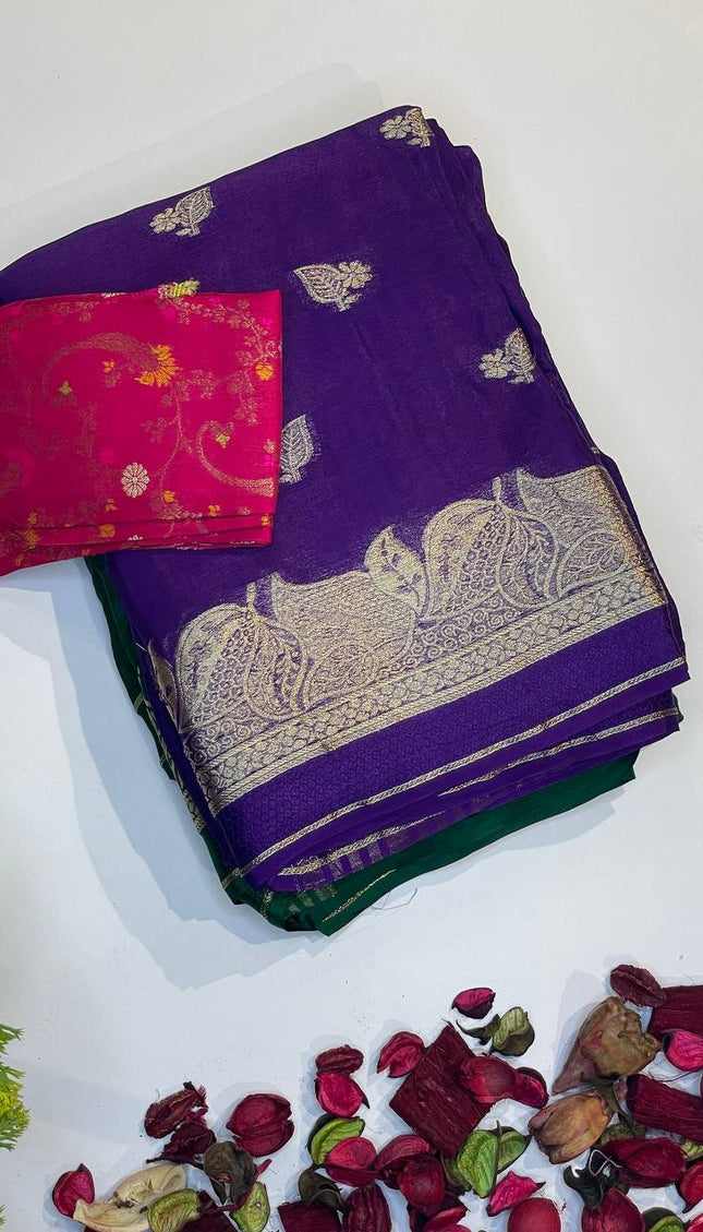 Deep Violet Crepe Silk Saree with Grand Zari Border |DS20|