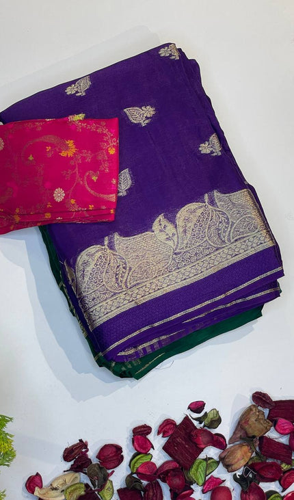 Deep Violet Crepe Silk Saree with Grand Zari Border |DS20|