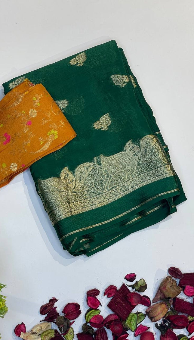 Bottle Green Crepe Silk Saree with Rich Zari Weaving |DS20|