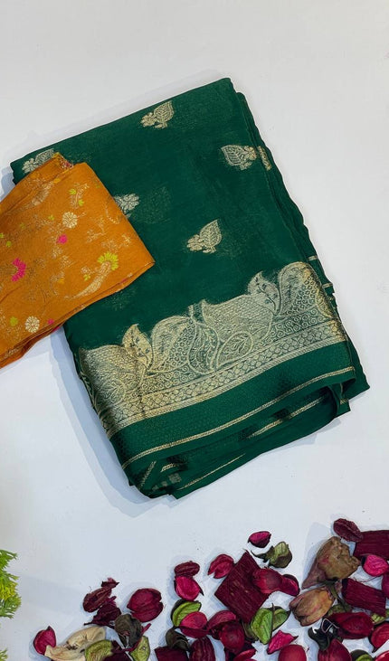 Bottle Green Crepe Silk Saree with Rich Zari Weaving |DS20|