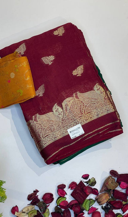 Maroon Crepe Silk Saree with Grand Zari Border & Contrast Blouse |DS20|