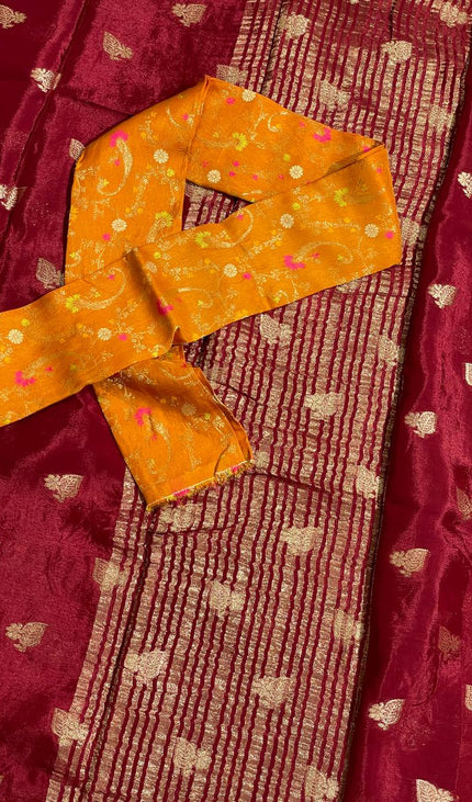 Maroon Crepe Silk Saree with Grand Zari Border & Contrast Blouse |DS20|