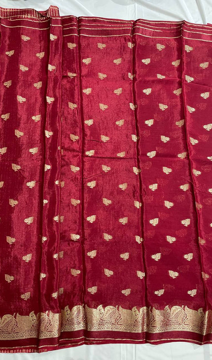 Maroon Crepe Silk Saree with Grand Zari Border & Contrast Blouse |DS20|