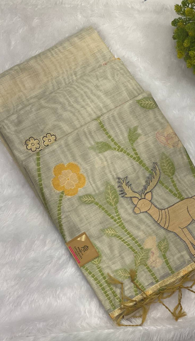 Cream Cotton Linen saree with Black Attached blouse | CS5