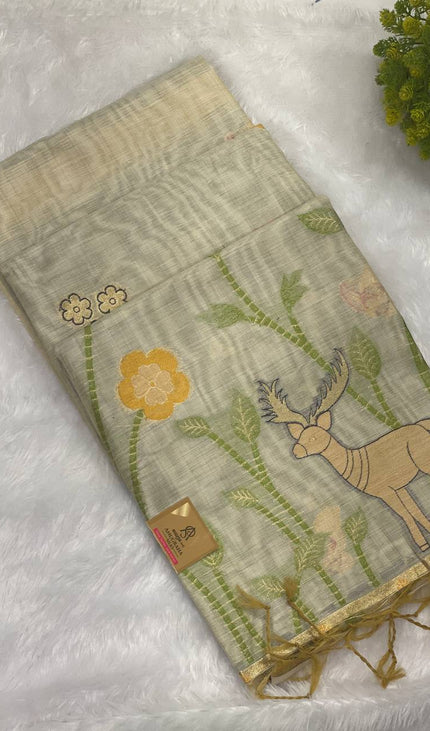Cream Cotton Linen saree with Black Attached blouse | CS5