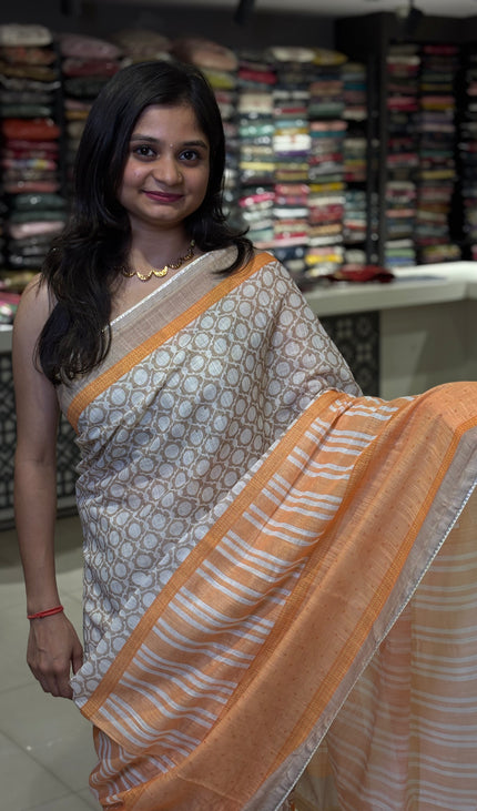 White Tricolor Cotton Linen Saree with Contrast Orange Pallu|CS9_3
