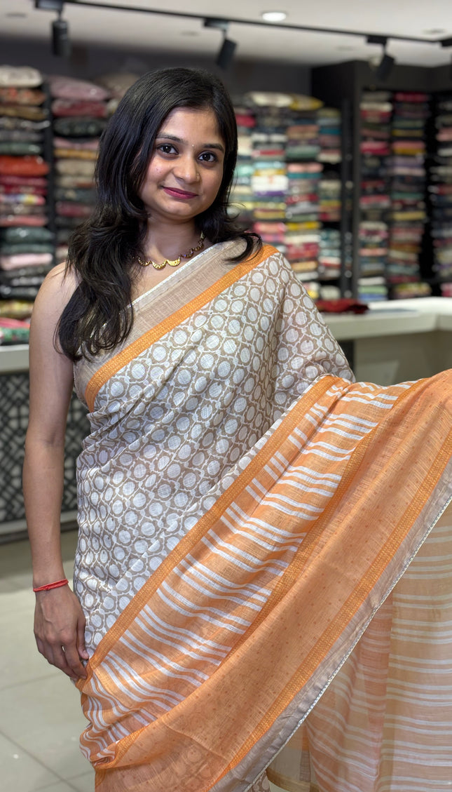 White Tricolor Cotton Linen Saree with Contrast Orange Pallu|CS9_3
