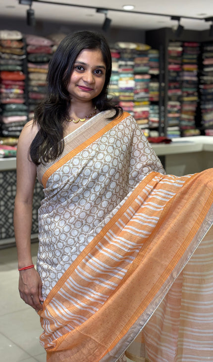 White Tricolor Cotton Linen Saree with Contrast Orange Pallu|CS9_3
