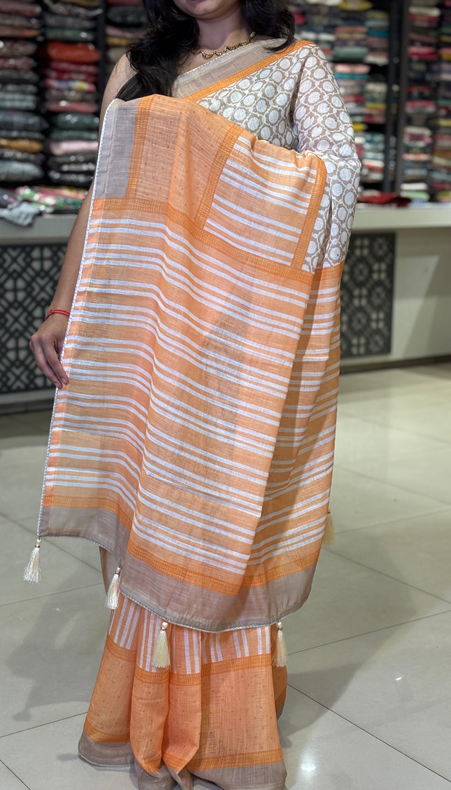 White Tricolor Cotton Linen Saree with Contrast Orange Pallu|CS9_3