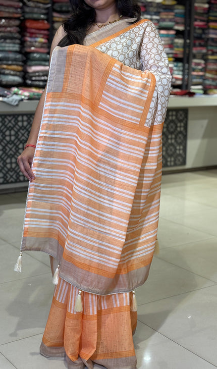 White Tricolor Cotton Linen Saree with Contrast Orange Pallu|CS9_3