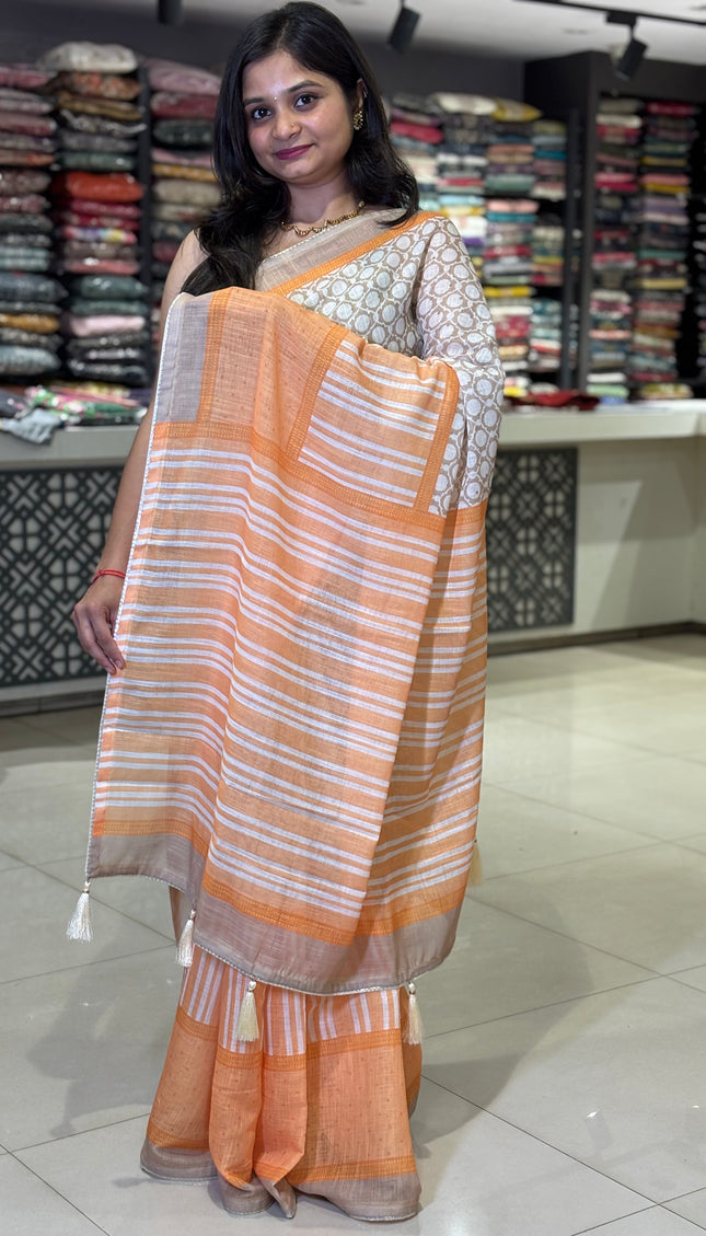 White Tricolor Cotton Linen Saree with Contrast Orange Pallu|CS9_3