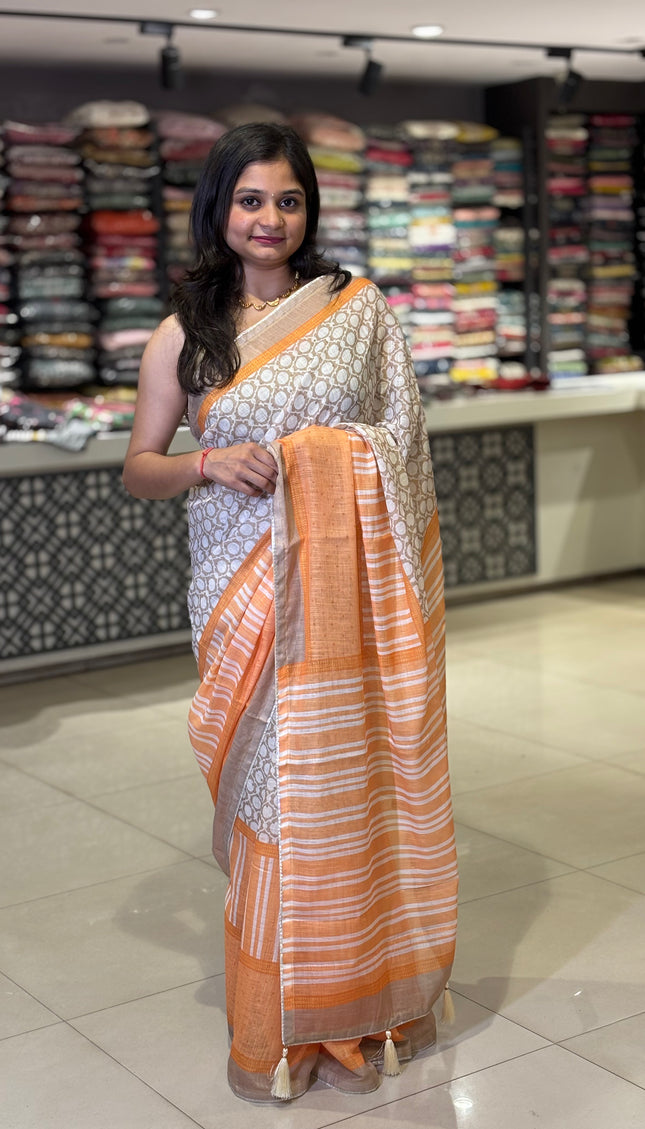 White Tricolor Cotton Linen Saree with Contrast Orange Pallu|CS9_3