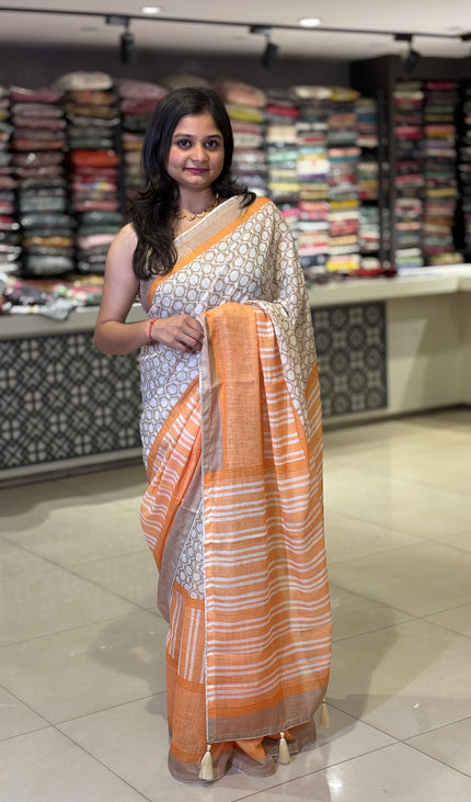 White Tricolor Cotton Linen Saree with Contrast Orange Pallu|CS9_3