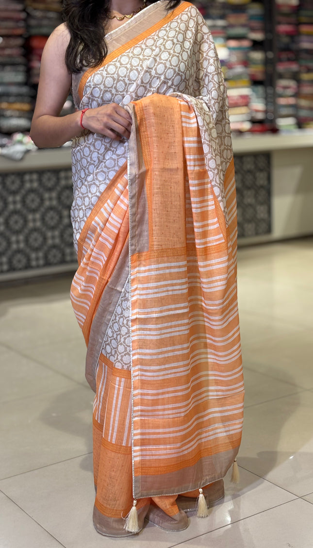 White Tricolor Cotton Linen Saree with Contrast Orange Pallu|CS9_3