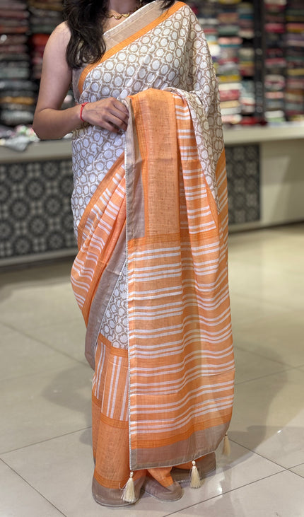 White Tricolor Cotton Linen Saree with Contrast Orange Pallu|CS9_3