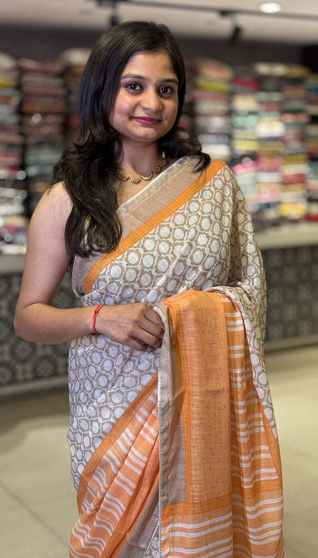 White Tricolor Cotton Linen Saree with Contrast Orange Pallu|CS9_3