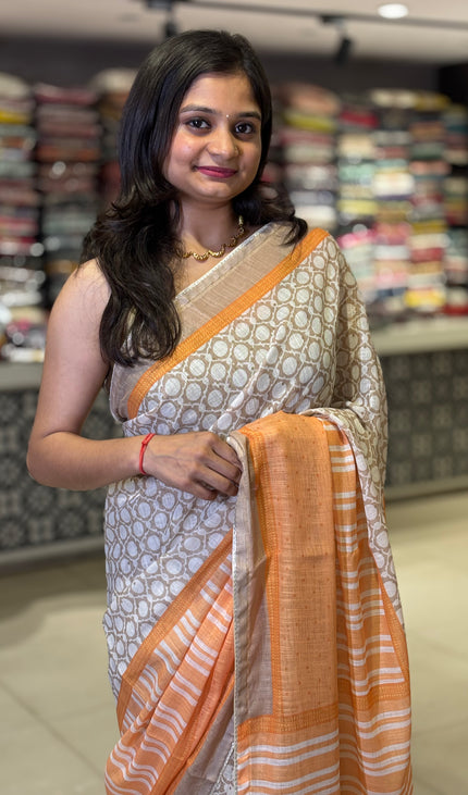 White Tricolor Cotton Linen Saree with Contrast Orange Pallu|CS9_3