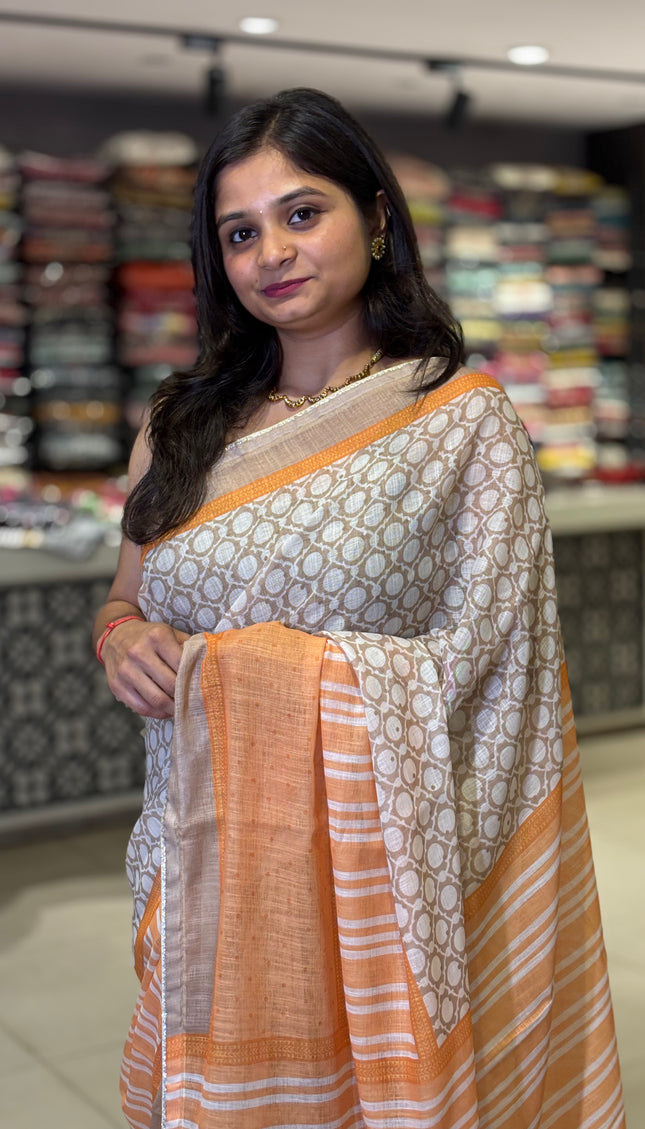 White Tricolor Cotton Linen Saree with Contrast Orange Pallu|CS9_3