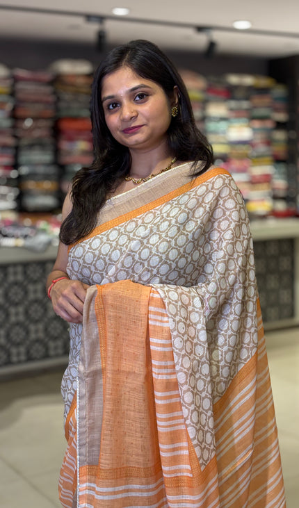 White Tricolor Cotton Linen Saree with Contrast Orange Pallu|CS9_3