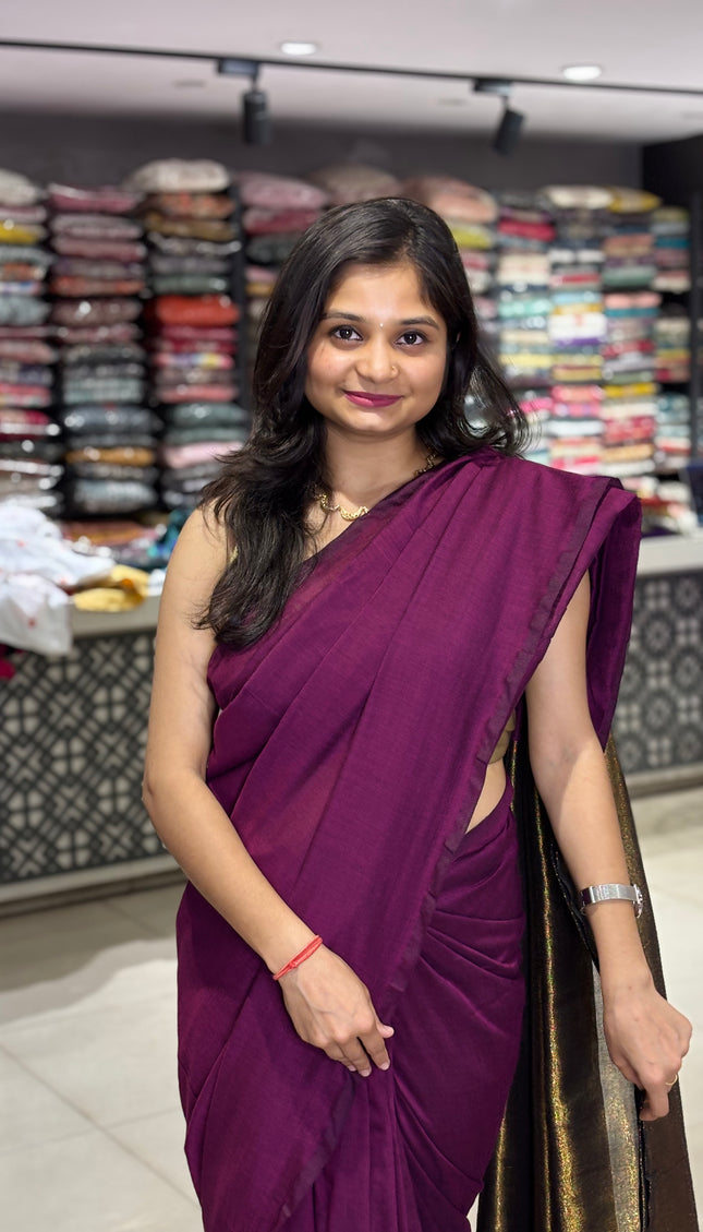 Wine Pure Borderless Cotton Saree With Golden Zari Pallu|CS8_13