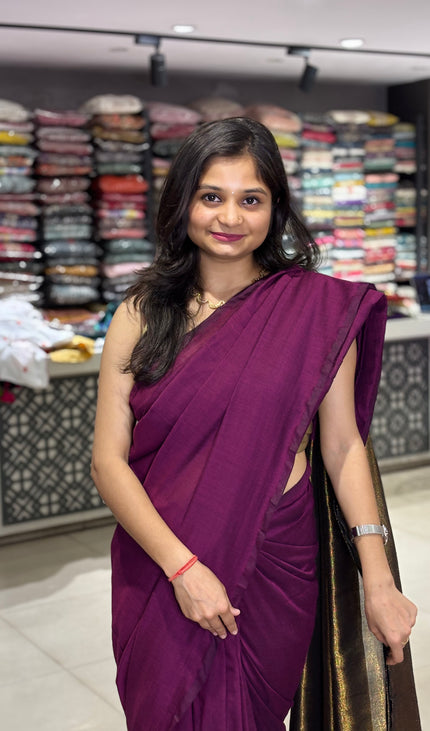Wine Pure Borderless Cotton Saree With Golden Zari Pallu|CS8_13