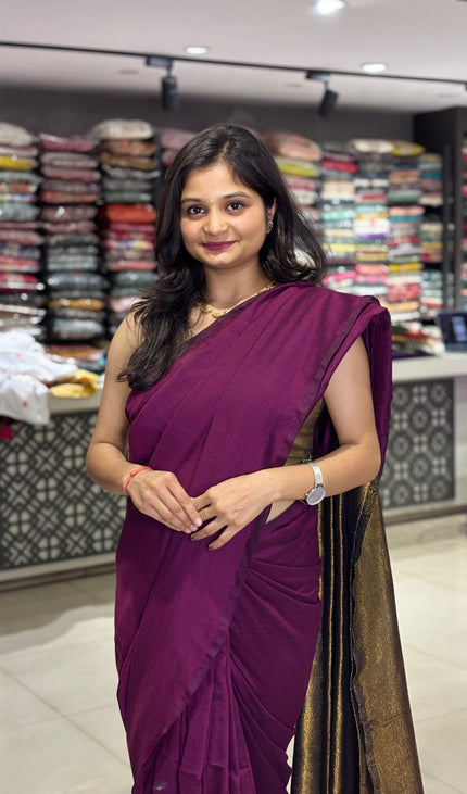 Wine Pure Borderless Cotton Saree With Golden Zari Pallu|CS8_13