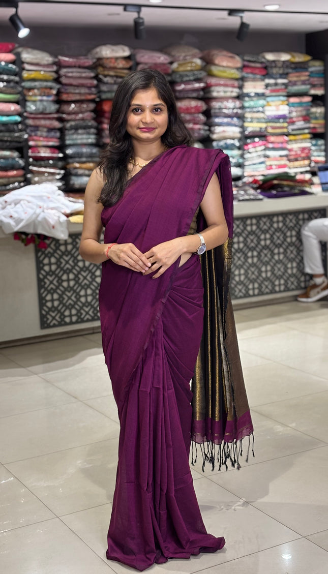 Wine Pure Borderless Cotton Saree With Golden Zari Pallu|CS8_13
