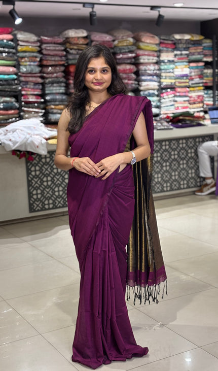 Wine Pure Borderless Cotton Saree With Golden Zari Pallu|CS8_13