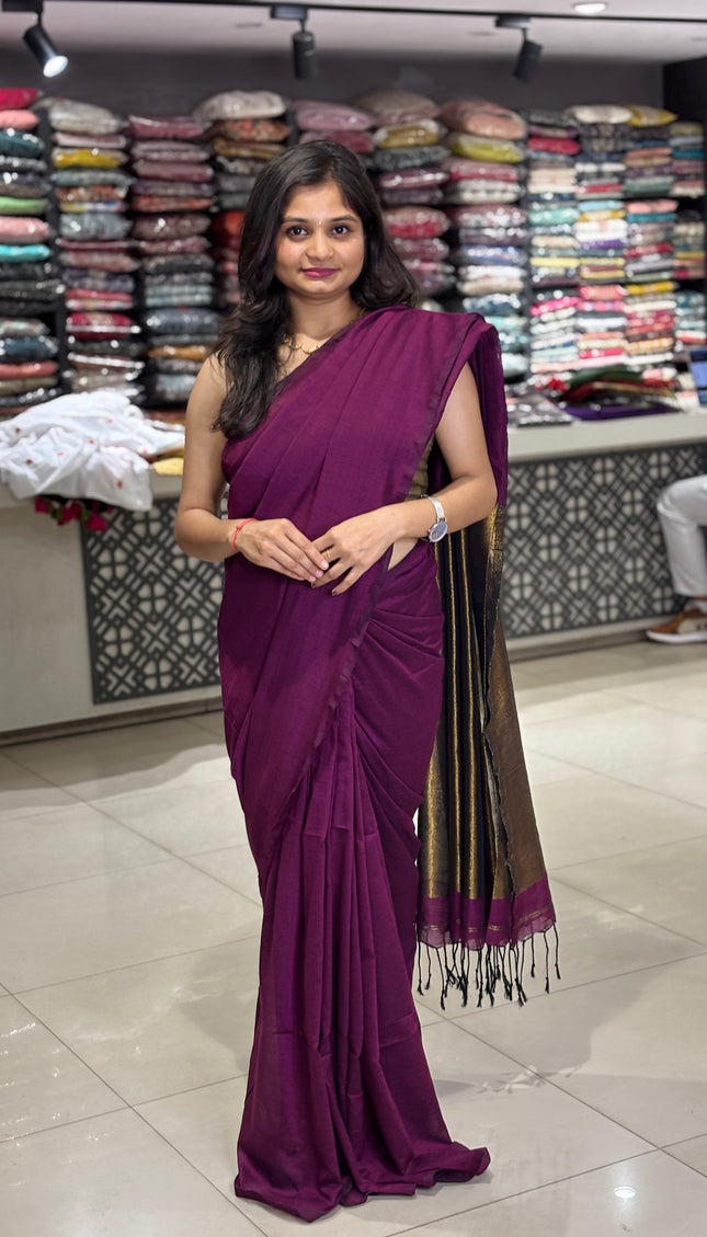 Wine Pure Borderless Cotton Saree With Golden Zari Pallu|CS8_13