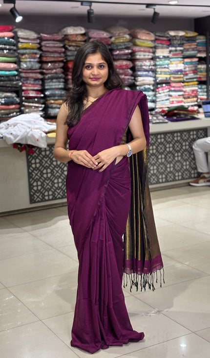 Wine Pure Borderless Cotton Saree With Golden Zari Pallu|CS8_13
