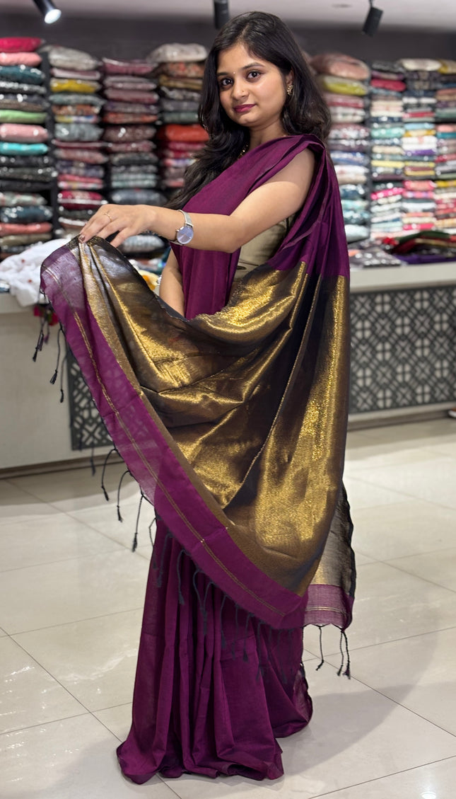 Wine Pure Borderless Cotton Saree With Golden Zari Pallu|CS8_13