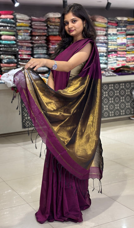 Wine Pure Borderless Cotton Saree With Golden Zari Pallu|CS8_13