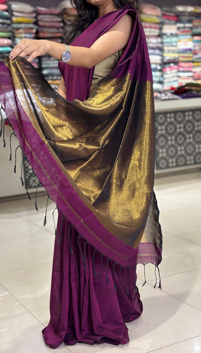 Wine Pure Borderless Cotton Saree With Golden Zari Pallu|CS8_13