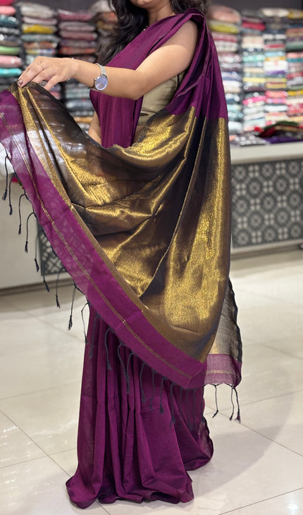 Wine Pure Borderless Cotton Saree With Golden Zari Pallu|CS8_13
