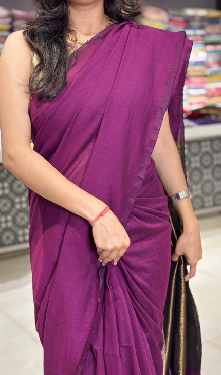 Wine Pure Borderless Cotton Saree With Golden Zari Pallu|CS8_13