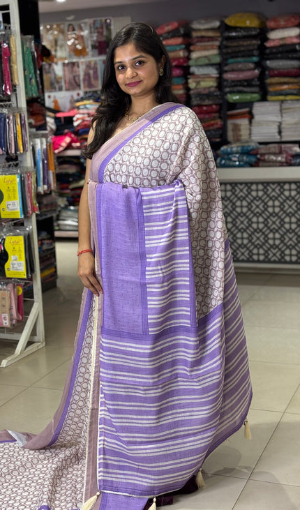 White Tricolor Cotton Linen Saree with Contrast Blue Pallu|CS9_2