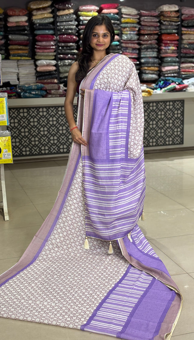 White Tricolor Cotton Linen Saree with Contrast Blue Pallu|CS9_2