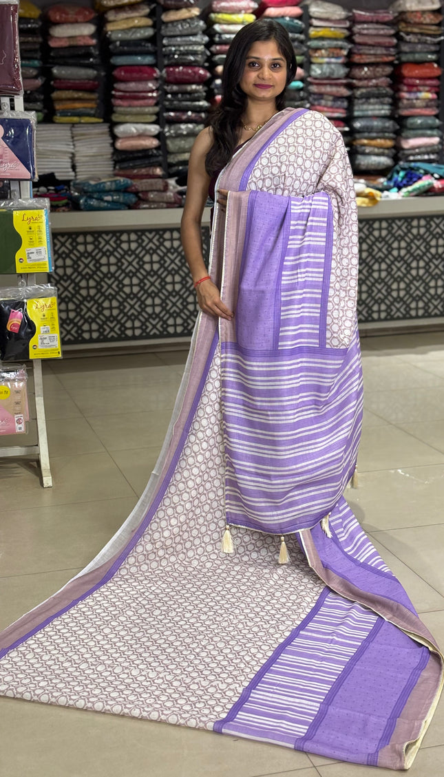 White Tricolor Cotton Linen Saree with Contrast Blue Pallu|CS9_2