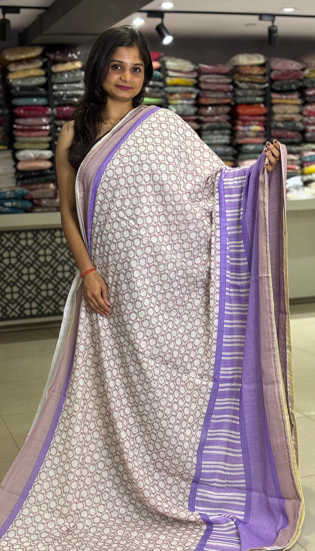 White Tricolor Cotton Linen Saree with Contrast Blue Pallu|CS9_2