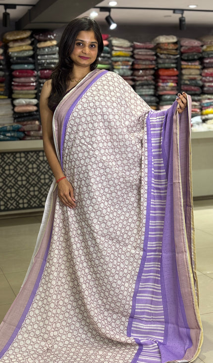 White Tricolor Cotton Linen Saree with Contrast Blue Pallu|CS9_2