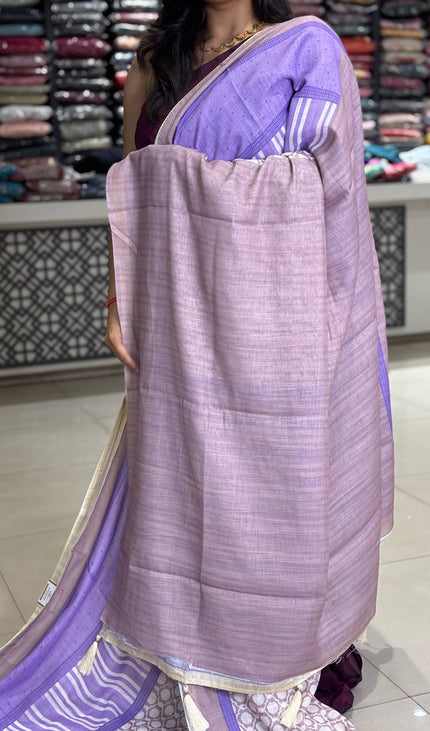 White Tricolor Cotton Linen Saree with Contrast Blue Pallu|CS9_2