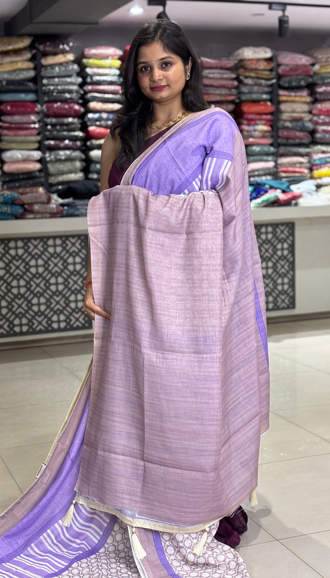 White Tricolor Cotton Linen Saree with Contrast Blue Pallu|CS9_2