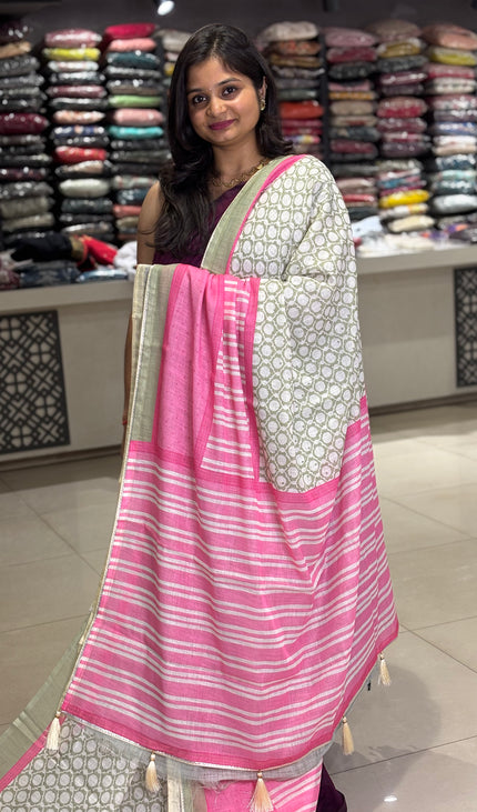 White Tricolor Cotton Linen Saree with Contrast Pink Pallu|CS9_1