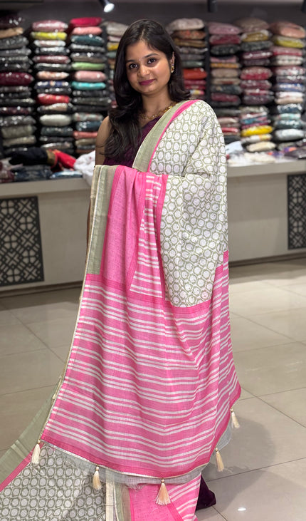 White Tricolor Cotton Linen Saree with Contrast Pink Pallu|CS9_1