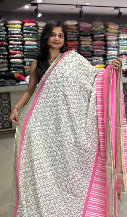 White Tricolor Cotton Linen Saree with Contrast Pink Pallu|CS9_1